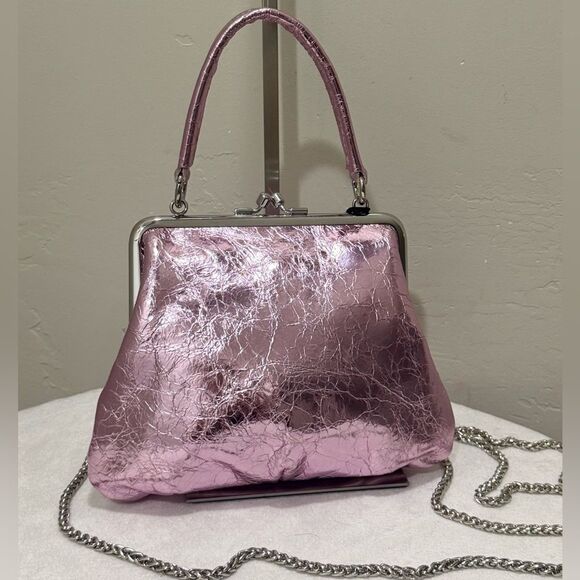 Metallic Pink Genuine Leather Handmade Kisslock Clutch/ Evening Bag/Crossbody - Picture 1 of 14